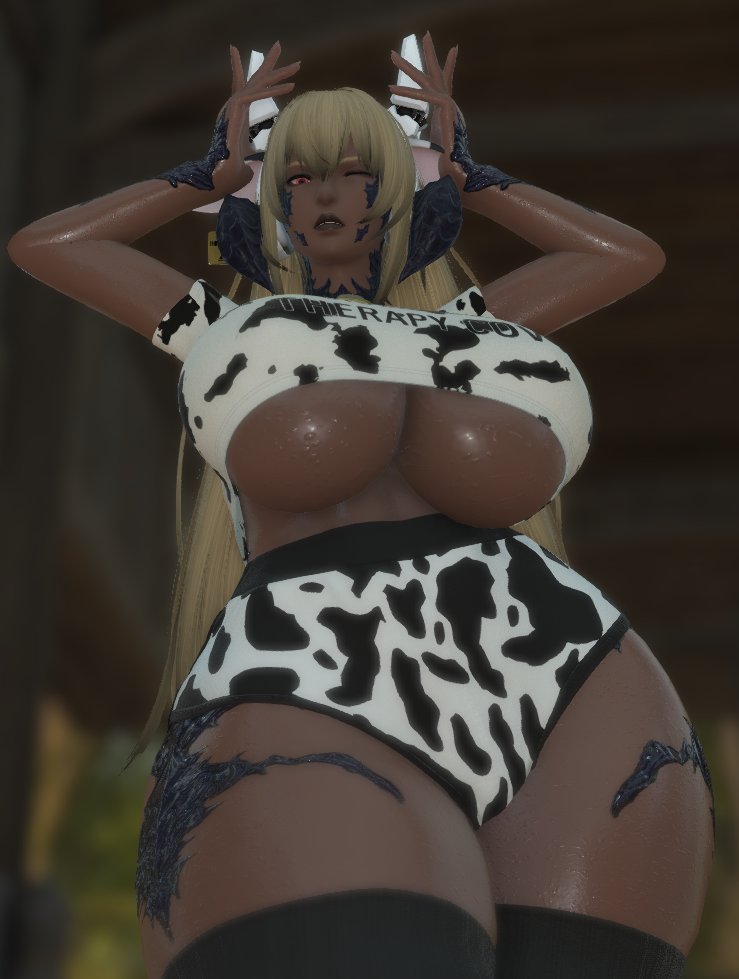 AlearXIV's tweet photo. I'll do *anything* if you pay me enough gil for it, even if it means wearing a dumb cow costume （︶^︶）🐮🖤#ffxivnsfw #ffxivlewd https://t.co/Jju707z04d
