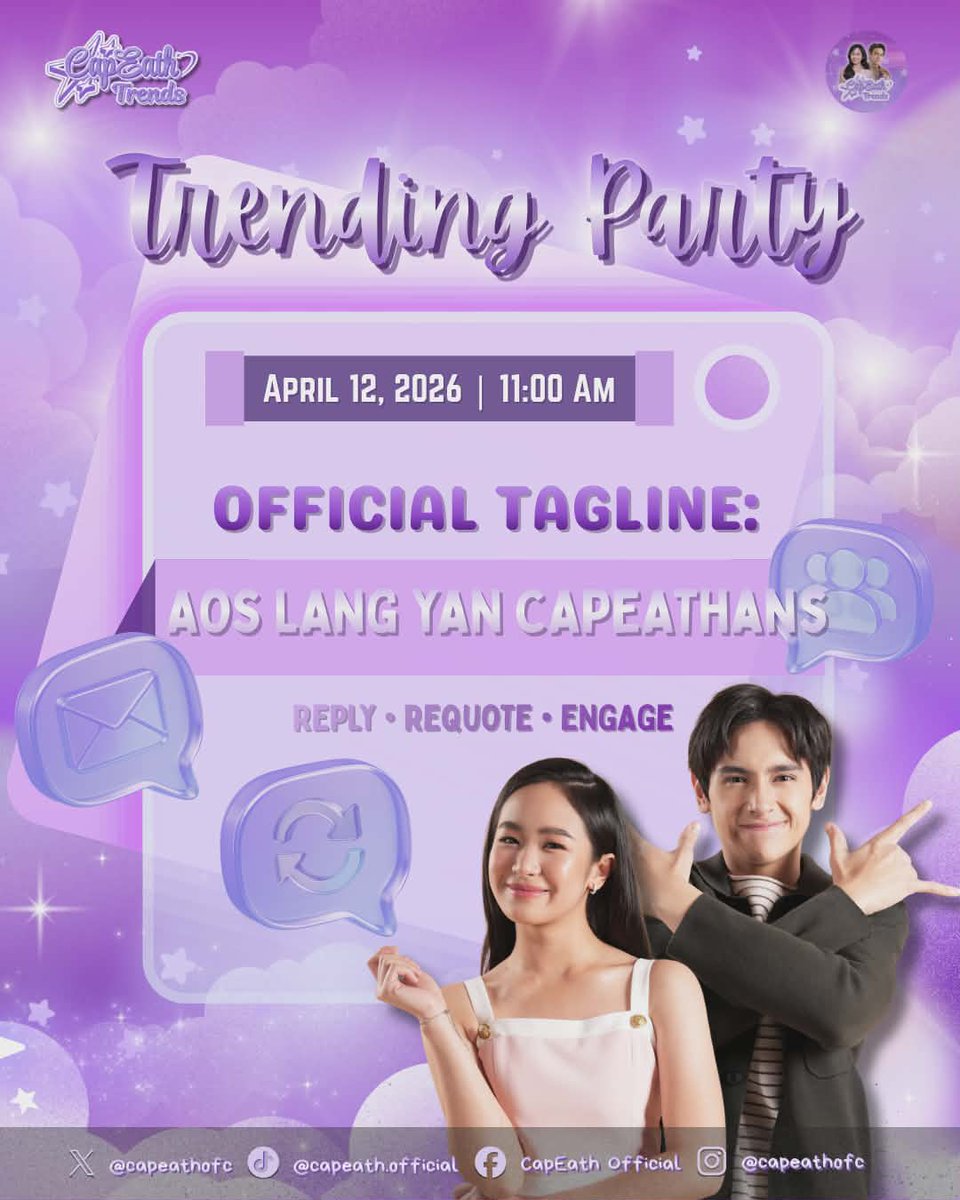 capeathtrend_'s tweet image. 𝐓𝐑𝐄𝐍𝐃𝐈𝐍𝐆 𝐏𝐀𝐑𝐓𝐘 𝐒𝐓𝐀𝐑𝐓𝐒 𝐍𝐎𝐖! 

KAPITan's —turn up the energy, hype the vibes, and let’s make the timeline explode with our energy and support for CapEath. 

Official Tagline: AOS LANG YAN CAPEATHANS

Reminders:
- No all caps, emojis &amp;amp; numbers
- No symbols 
-