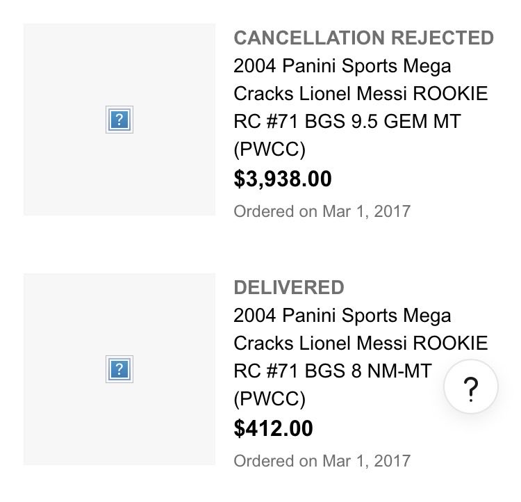 BaystreetBrian's tweet image. First time I’ve ever looked at ebay past purchases. And I was this close in 2017 to owning one of the biggest #LionelMessi cards of all time! Yes I ended up with an 8, but still. #thehobby