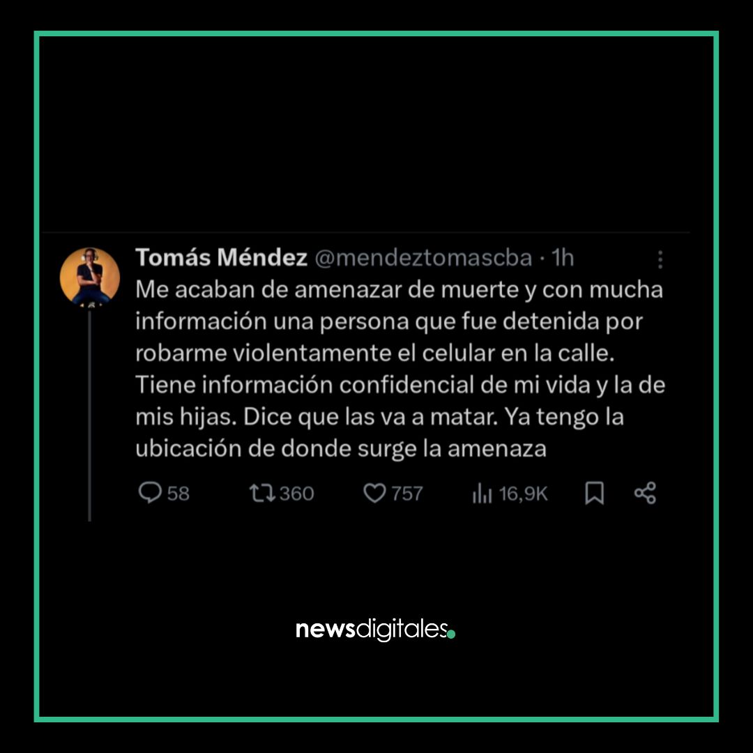 NewsDigitalesAr's tweet photo. 🚨 El periodista Tomás Méndez denunció graves amenazas contra su familia.

🗣️ Según explicó en su cuenta de X (@mendeztomascba), la intimidación proviene de la persona que le robó el celular.

💬 "Me acaban de amenazar de muerte. La persona tiene información confidencial de mi vida y la de mis hijas. Dice que las va a matar", denunció el conductor del ciclo de entrevistas "Bien Picante" en el Living de #NewsDigitales.