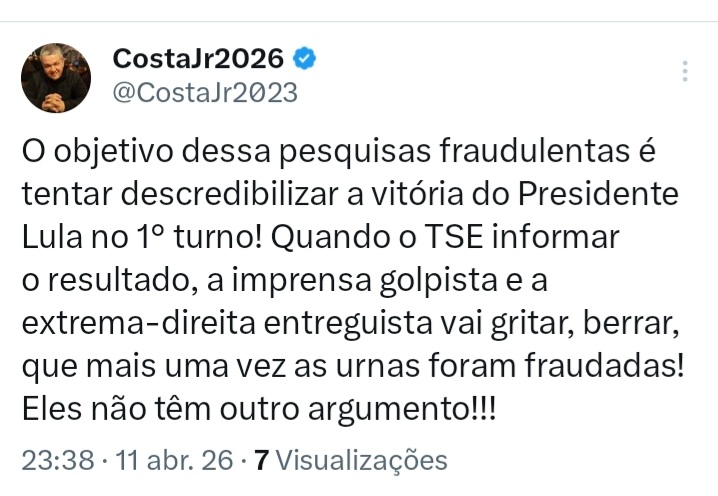 Essas pesquisas são fraudadas e quem conhece sabe que o bolsonarismo, mercado financeiro, elite e a mídia golpista age exatamente assim para descredibilizar as urnas eletrônicas e atacar as instituições democráticas. É método dos BANDIDOS da extrema-direita.