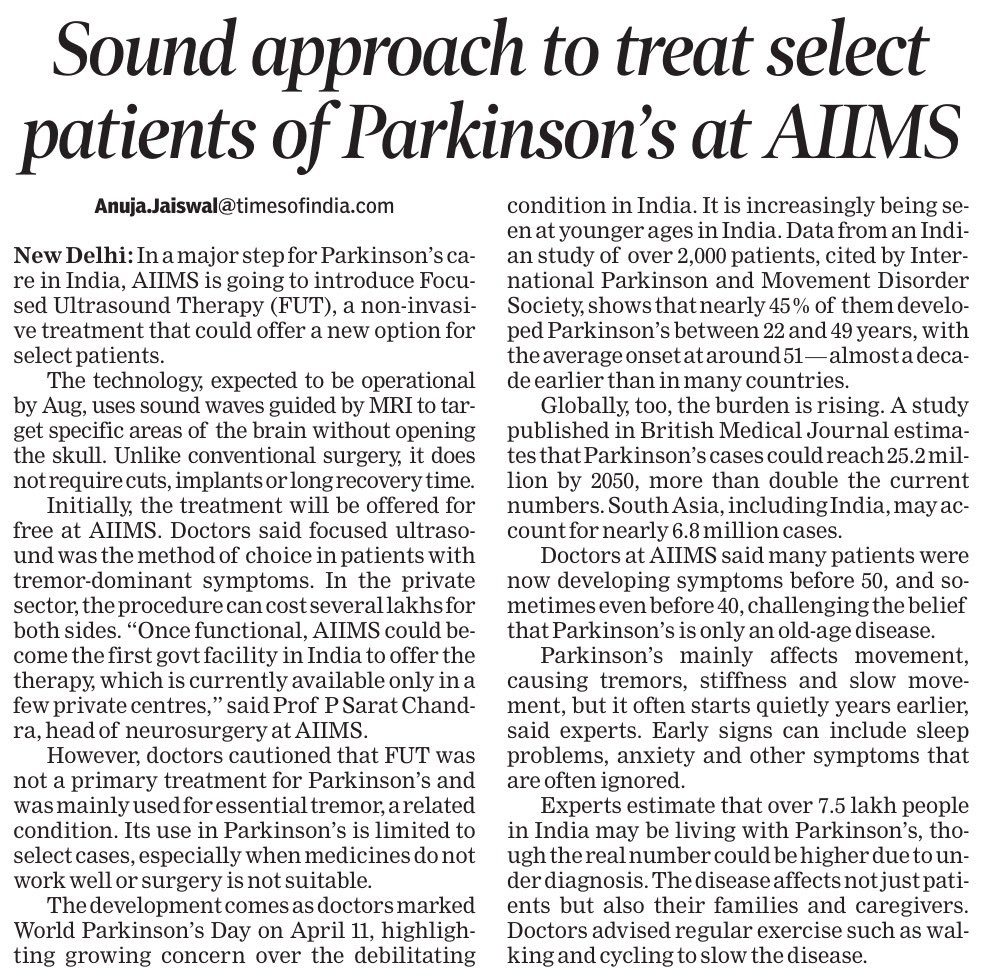 AnujaJaiswalTOI's tweet image. In a major step forward for Parkinson’s care in India, #AIIMS is set to introduce Focused Ultrasound Therapy (#FUT), a non-invasive treatment that could offer a new option for select patients. The #technology, expected to be operational by August, uses sound waves guided by MRI