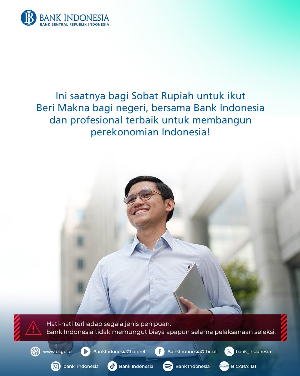 rfpramsw's tweet image. Bank Indonesia #hiring Special Hire &amp;amp; PKWT tahun 2026.

Pendaftaran start 12 s.d 17 April.
- Special Hire : rekrutmen-bi.id/specialhire2026
- PKWT: rekrutmen-bi.id/pkwt2026