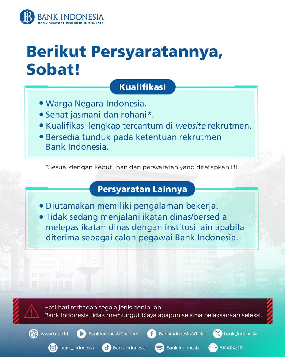 rfpramsw's tweet image. Bank Indonesia #hiring Special Hire &amp;amp; PKWT tahun 2026.

Pendaftaran start 12 s.d 17 April.
- Special Hire : rekrutmen-bi.id/specialhire2026
- PKWT: rekrutmen-bi.id/pkwt2026
