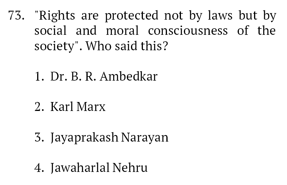 mbtupsc's tweet image. 𝐏𝐎𝐋𝐈𝐓𝐘 𝐏𝐑𝐀𝐂𝐓𝐈𝐂𝐄 𝐐𝐔𝐄𝐒𝐓𝐈𝐎𝐍

 "Rights are protected not by laws but by social and moral consciousness of the society". Who said this?

#𝐔𝐏𝐒𝐂𝟐𝟎𝟐𝟔 #𝐂𝐀𝐏𝐅 #𝐍𝐃𝐀 #𝐂𝐈𝐒𝐅 #𝐂𝐃𝐒