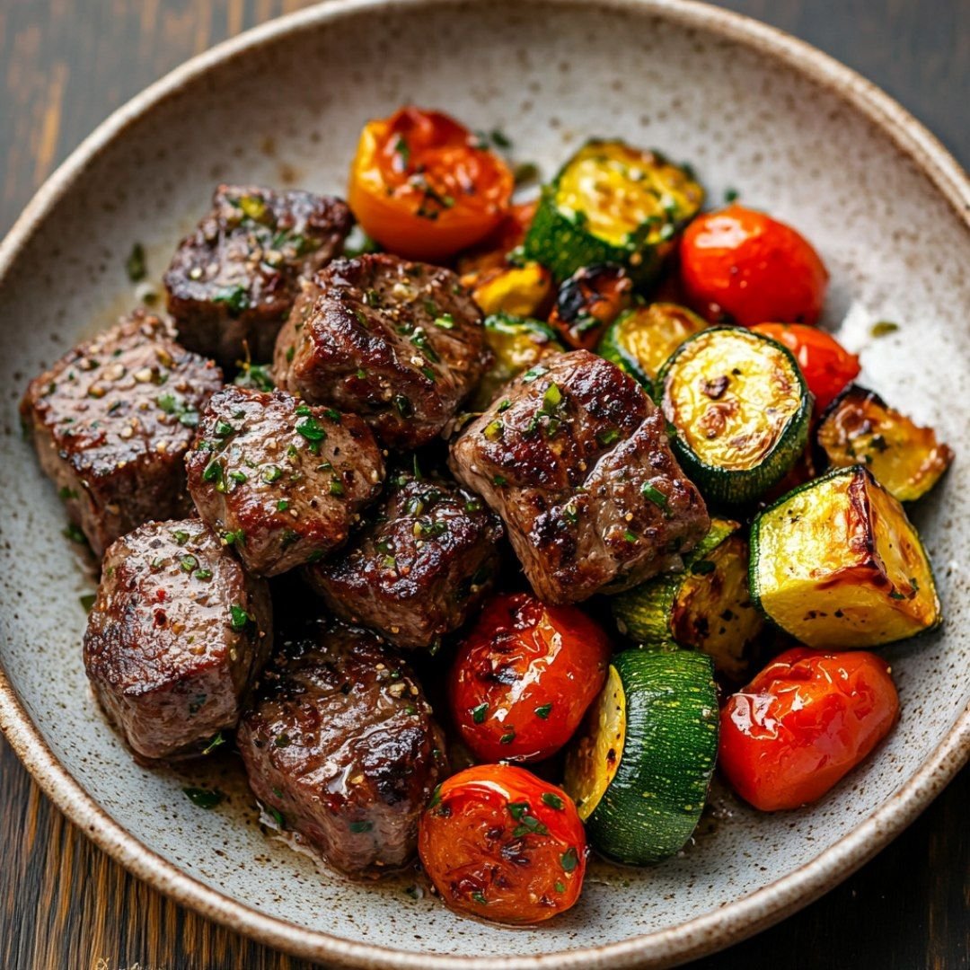 NThanh86518's tweet photo. 🍅Seared beef cubes coated in a glossy herb and pepper sauce, served with grilled zucchini and cherry tomatoes! 🍽️ https://t.co/NU6ZguWDNd