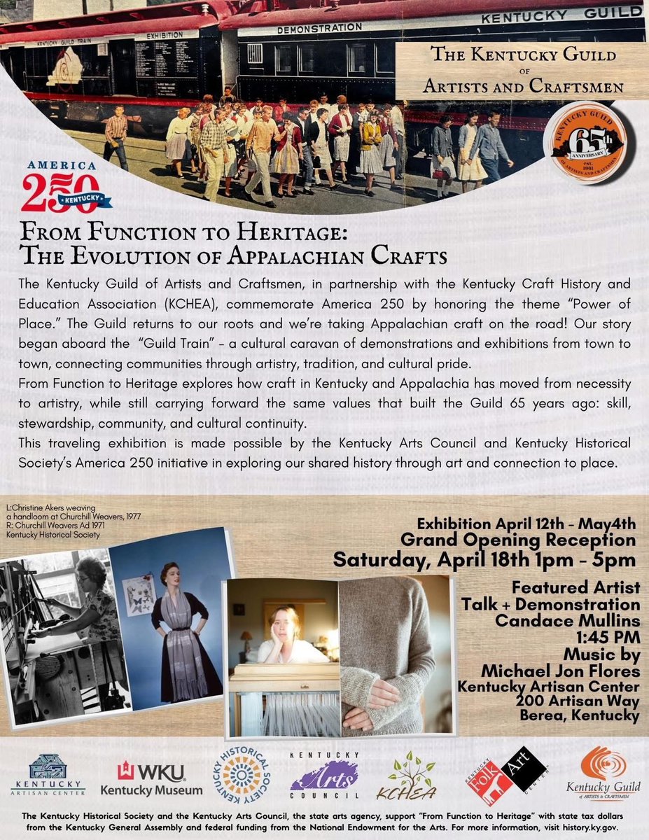 KCHEAorg's tweet photo. Join us Saturday, April 18th, 1pm - 5pm at the @kentuckyartisancenter as we celebrate our opening of our traveling exhibition "From Function to Heritage: The Evolution of Appalachian Crafts". ade possible by:
The @kentuckyhistoricalsociety and the @kyartscouncil. https://t.co/ACdSm2ZuhY