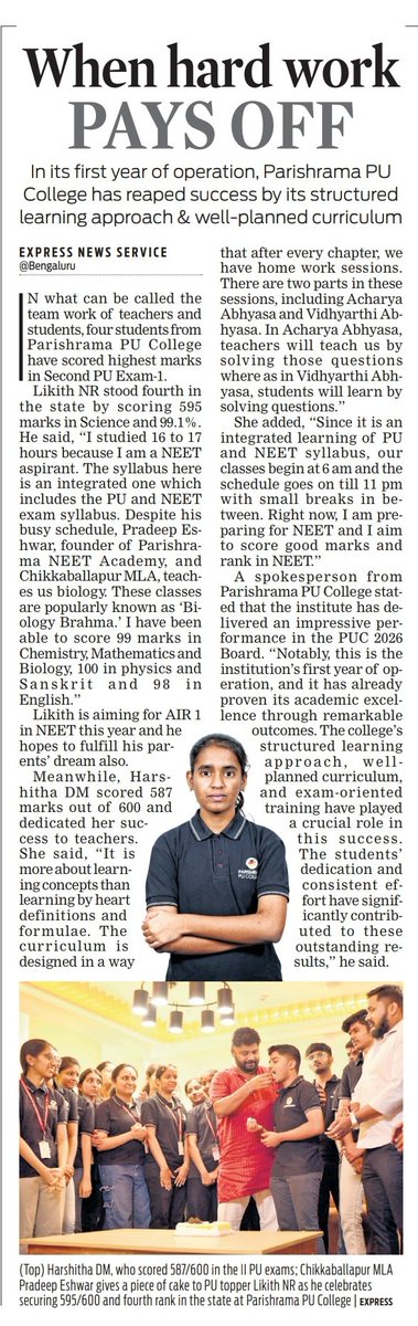 XpressBengaluru's tweet image. #BrightSide
In what can be called the team work of teachers and students, four students from Parishrama PU College have scored the highest marks in Second PU Exam-1.

@santwana99 @Cloudnirad @KannadaPrabha