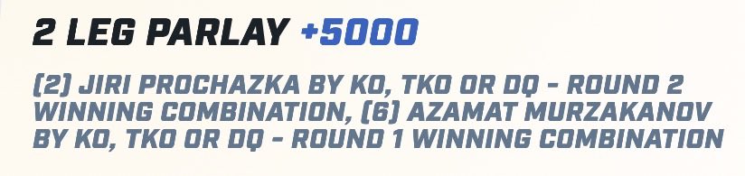 PaceBen7's tweet photo. #UFCMiami Co-Main &amp; Main Event Parlay

+5000 for 0.2u #UFC327 #UFC https://t.co/Gfh2vrbX9e