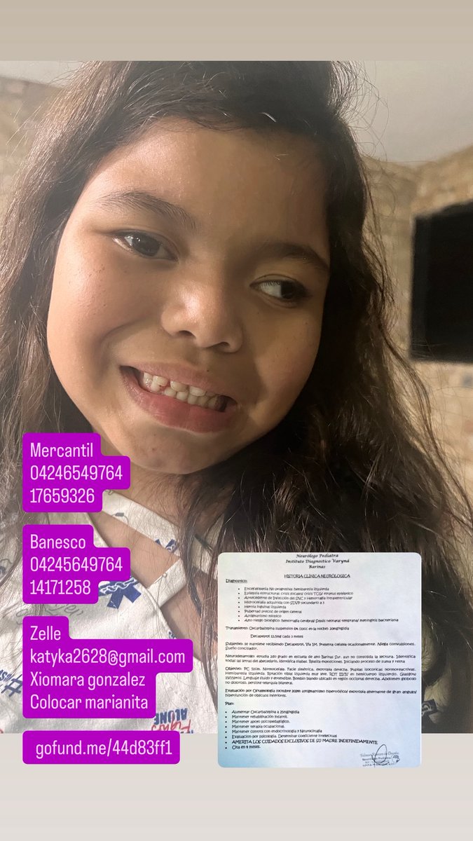 mariani87784922's tweet photo. Soy Mariana una niña con distintos diagnósticos 
Hidrocefalias,pubertad precoz,epilepsia, hemiparesia izq y extrabismo 
Requiero la colaboración y ayuda para cubrir tratamientos ,terapia y operación de ojos

No cuento con los recursos y quiero tener una vida normal
Gofu en mi bio https://t.co/oKtpAQjsyZ