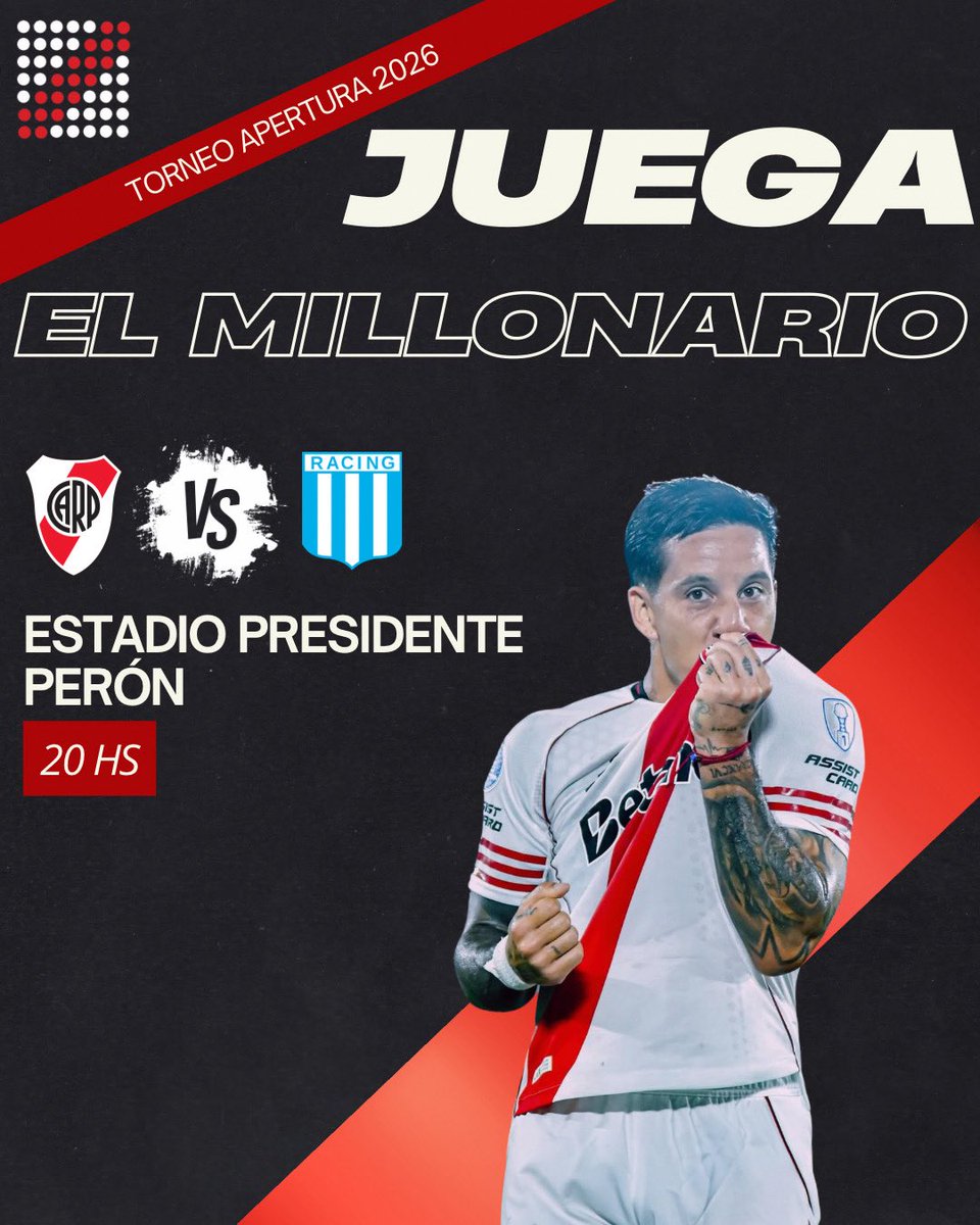 AhoraRiver's tweet image. 👉🏻Juega el millonario❤️🤍
⚽️River Plate Vs. Racing
🏆 Torneo Apertura 2026
🕘 20 Hs.
📺 ESPN PREMIUM 
🏟️ Estadio Presidente Perón
#RiverPlate #AhoraRiver #soyderiver #elmasgrande #MâsMonumental