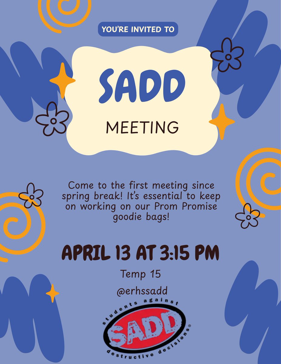 AgainstSADD's tweet photo. Hey Raider Nation! SADD is hosting another meeting on Monday, April 13th. It's imperative we keep working on our Prom Promise goodie bags so attendance for officers is mandatory. Don't forget to bring the MCC signed permission slips to turn in for April 15th. See you there! https://t.co/FG6mLsHXPu