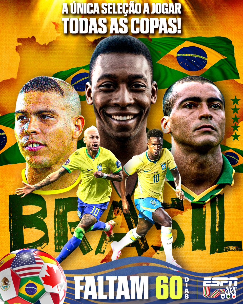 ESPNBrasil's tweet image. 60 DIAS PARA A COPA DO MUNDO! 🇧🇷 

E o Brasil segue sendo a ÚNICA seleção do planeta a disputar TODOS os mundias! É a maior seleção da história, torcedor?

#ESPN2026 #Brasil #Neymar #ViniJr