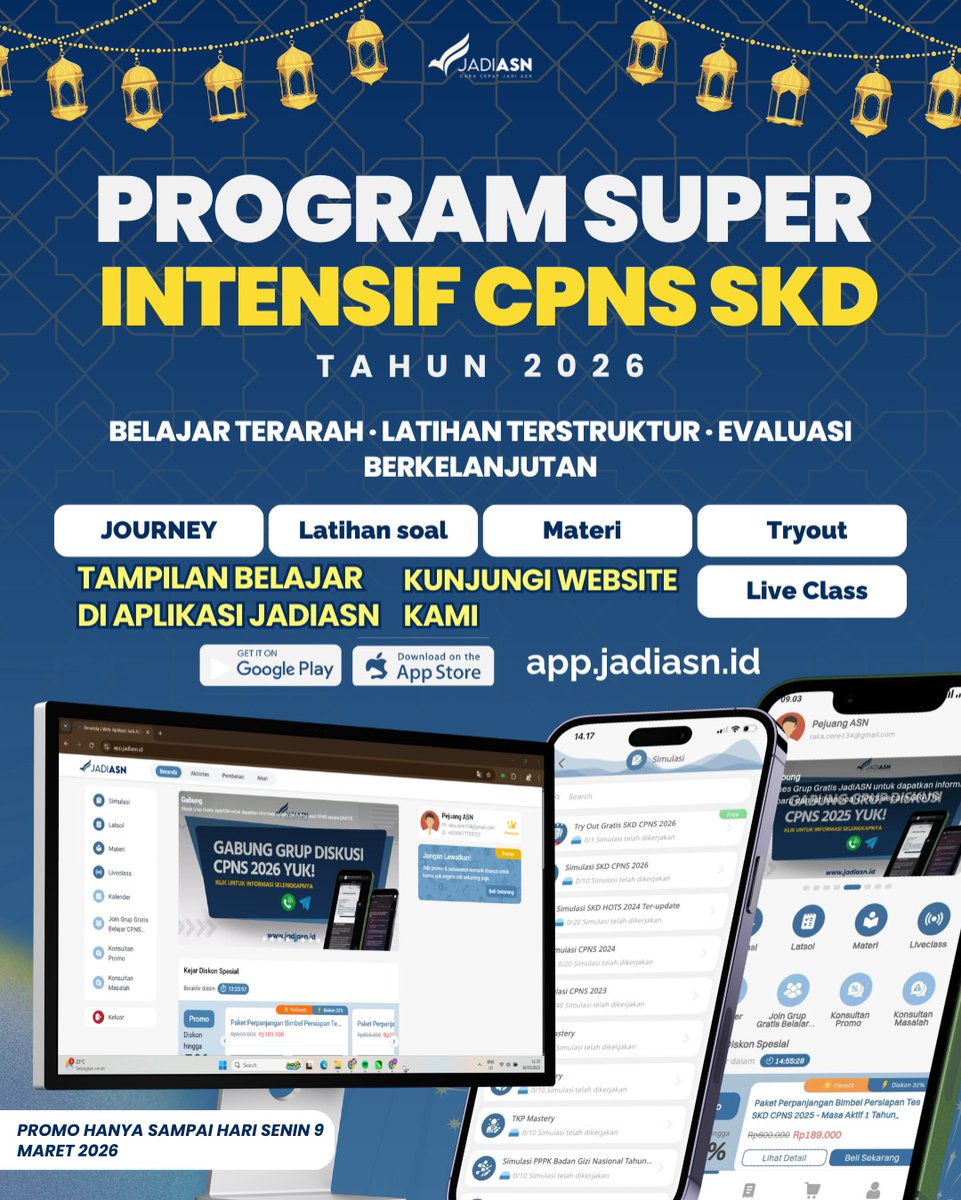 K4NGTH02's tweet photo. Dapatkan akses ke ribuan soal CPNS 2026 di JADIASN. Pakai kode:
— Kode Diskon Affiliate JADIASN: KEJARPELUANG
Kode Diskon Tambahan JADIASN:
— BIMBELCPNS
— LOLOSCPNS
— PROMOASN
— JADIASN
Dapatkan diskonnya sekarang!!

t. pns asn bimbel skd skb twk tiu tkp casn #CPNS2026 jadi asn https://t.co/8C583f7HPP