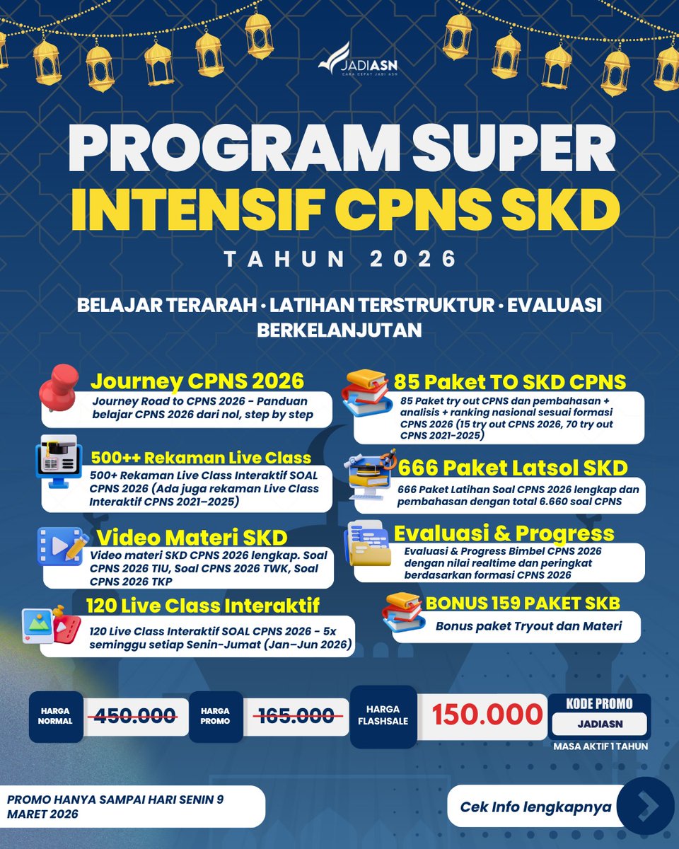 K4NGTH02's tweet photo. Dapatkan akses ke ribuan soal CPNS 2026 di JADIASN. Pakai kode:
— Kode Diskon Affiliate JADIASN: KEJARPELUANG
Kode Diskon Tambahan JADIASN:
— BIMBELCPNS
— LOLOSCPNS
— PROMOASN
— JADIASN
Dapatkan diskonnya sekarang!!

t. pns asn bimbel skd skb twk tiu tkp casn #CPNS2026 jadi asn https://t.co/8C583f7HPP