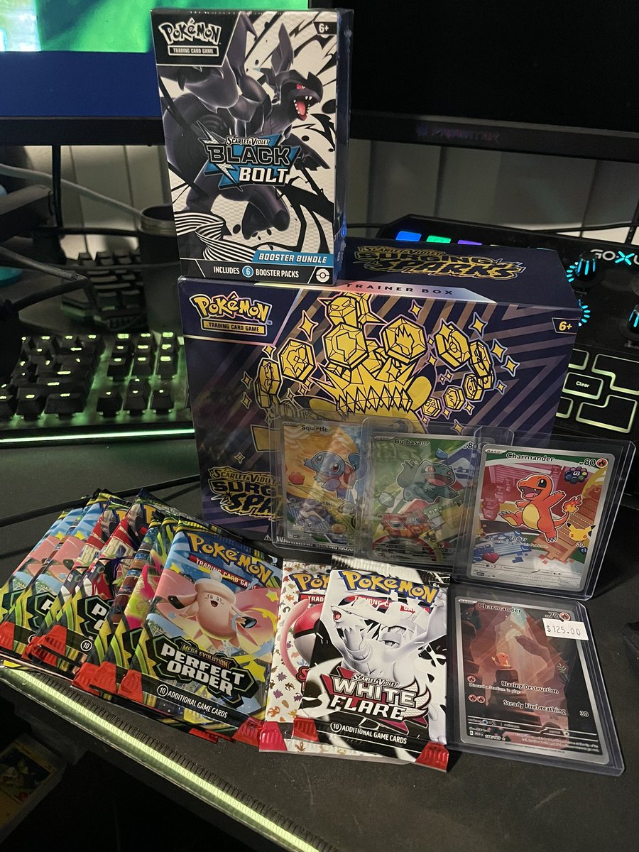 Cervezuh's tweet photo. Traded a bunch of random stuff and got some nice return. Those new promos are so nice and got me the 151 Charmander to go with the Charmeleon. Couple packs to open and an ETB and booster bundle. 👍🏻 https://t.co/C1sAhIKggd