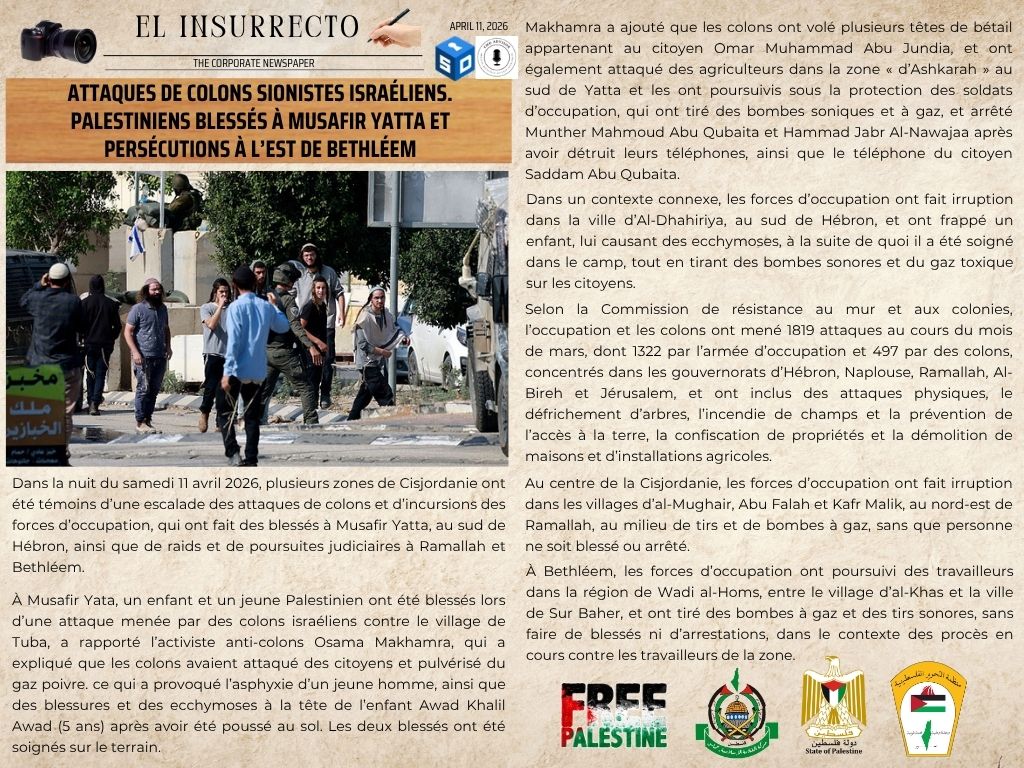 DZerox_cool's tweet image. 🔴 Today, April 11, 2026 , Local sources | 

#Cisjordania on fire: Israeli armed Zionist settlers and occupation forces intensify coordinated attacks against Palestinian civilians in #Musafir_Yatta, #Ramallah and #Bethlehem

#FreePalestine 🇵🇸

『 🗞️👉🏻  t.me/ChalecosAmaril…  』