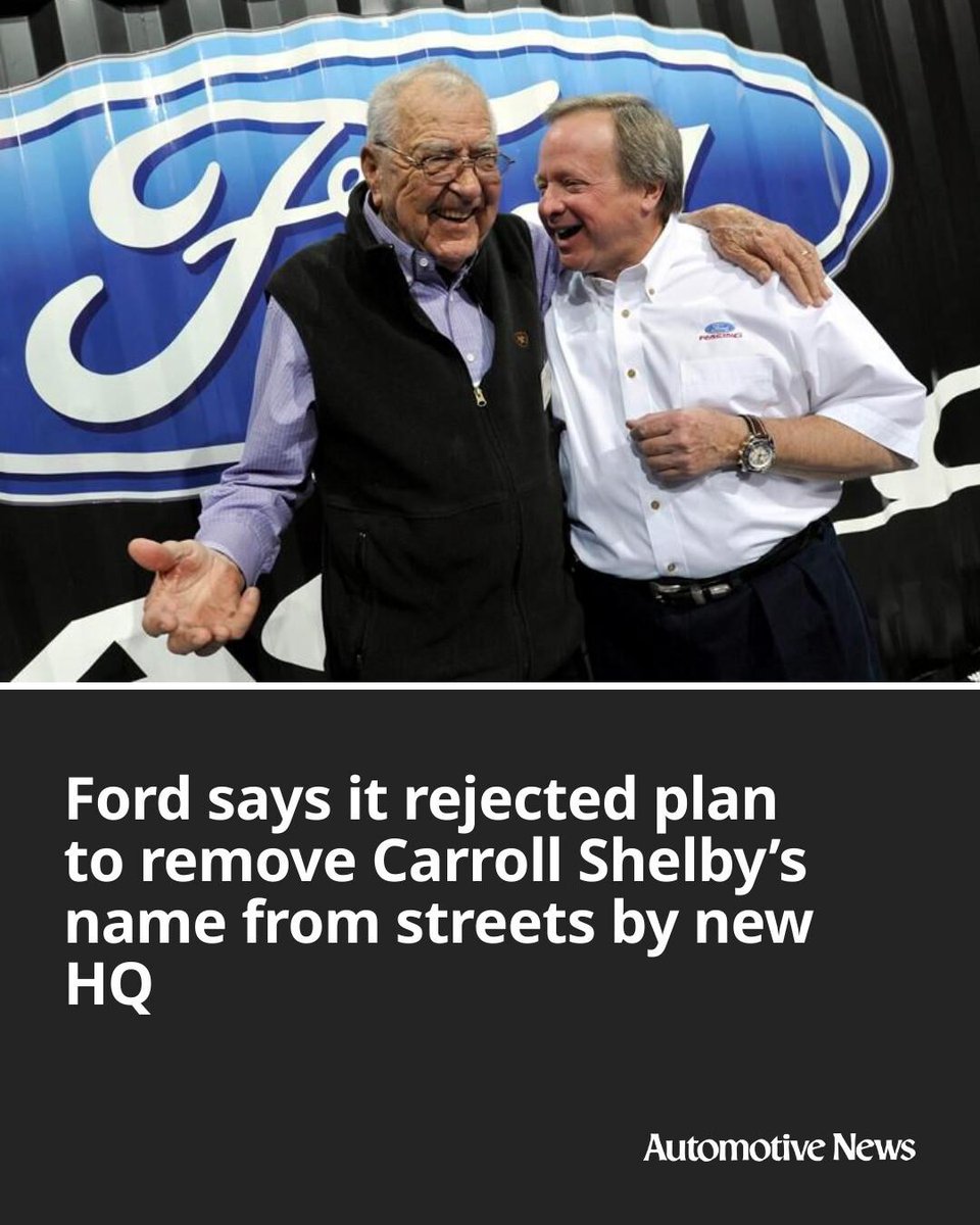 Automotive_News's tweet image. Carroll Shelby will remain a part of Ford Motor Co.’s engineering campus, despite a plan released by the automaker showing the legendary designer’s name being removed from two streets near its new headquarters.

#Ford #CarrollShelby #automotive #autoindustry