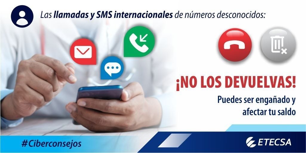 🚫 No caigas en trampas
Si intentan contactarte mediante llamadas 📲 o SMS desde números desconocidos 😳 👉 PROTÉGETE ⚠️ :
❌ No contestes
❌ No devuelvas la llamada
❌ No compartas ℹ️ 
🔐 ¡Tu seguridad también depende de ti!
📌 Recuerda nuestros #Ciberconsejos
#EtecsaTeAcompaña