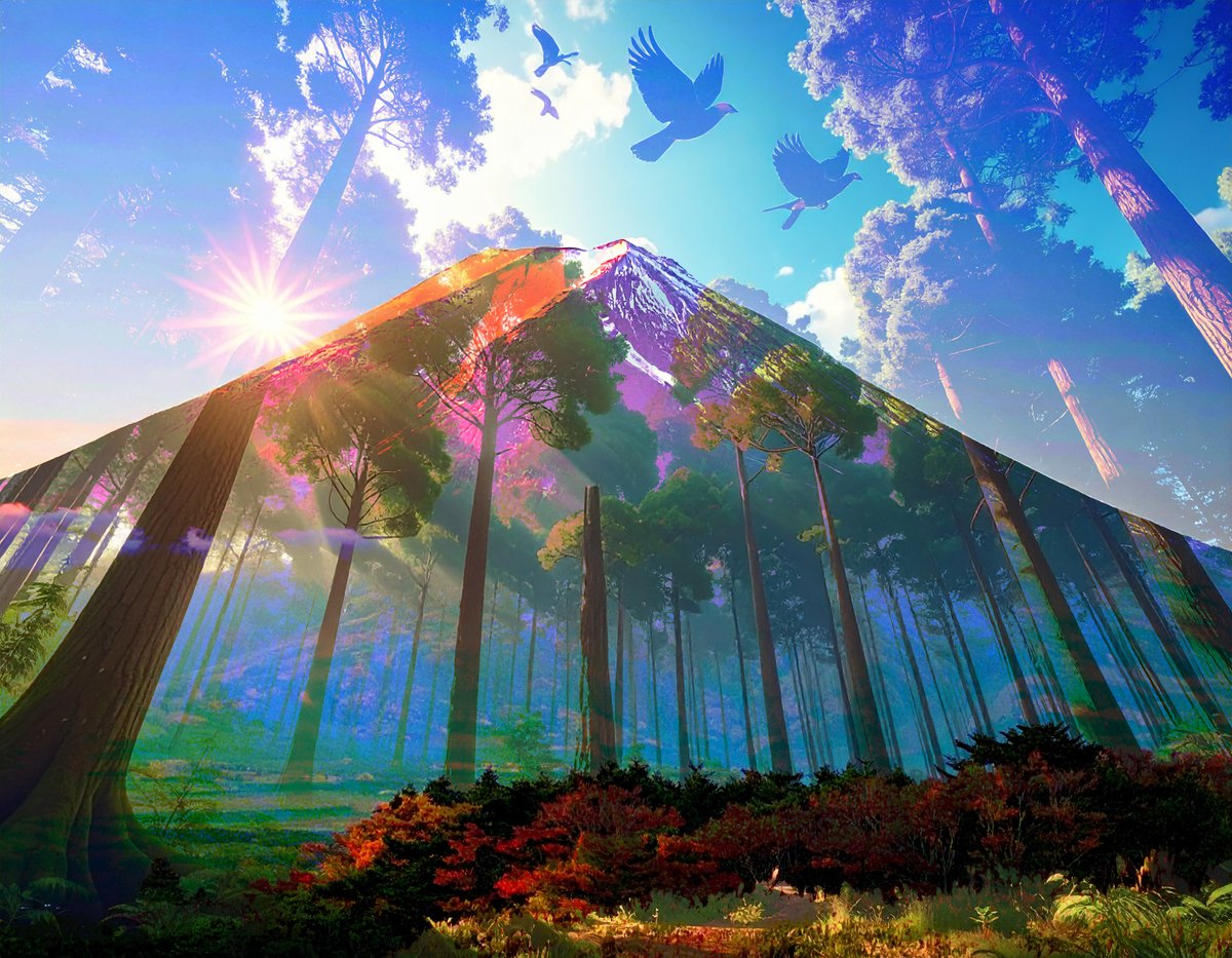 sanrotasu0216's tweet image. Mount Fuji from the Aokigahara forest　Núi Fuji nhìn từ khu rừng Aokigahara.　#AI #PS #Adobe