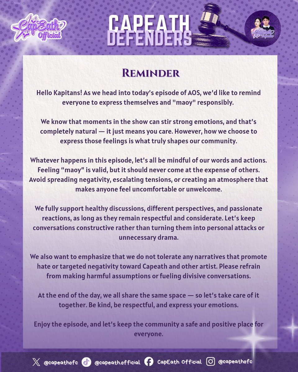 CapeathDfrs's tweet image. A gentle Reminder to all Kapitans!

Kindly read the statement on the attach photo!

You may also fill out the Google Form to report concerns. Thank you for supporting a positive community!

forms.gle/Vrv5gr34fnFYzC…

#CapriceCayetano | #HeathJornales
#CapEath #CapEathDefenders