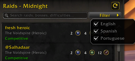 Can we have similar options on the raid filter as we do on the dungeon filter? Maybe:
- Playstyle options
- Fresh vs killed more than one boss.
- Difficulty

A language filter is _nice_ but at my level it's a bit useless.