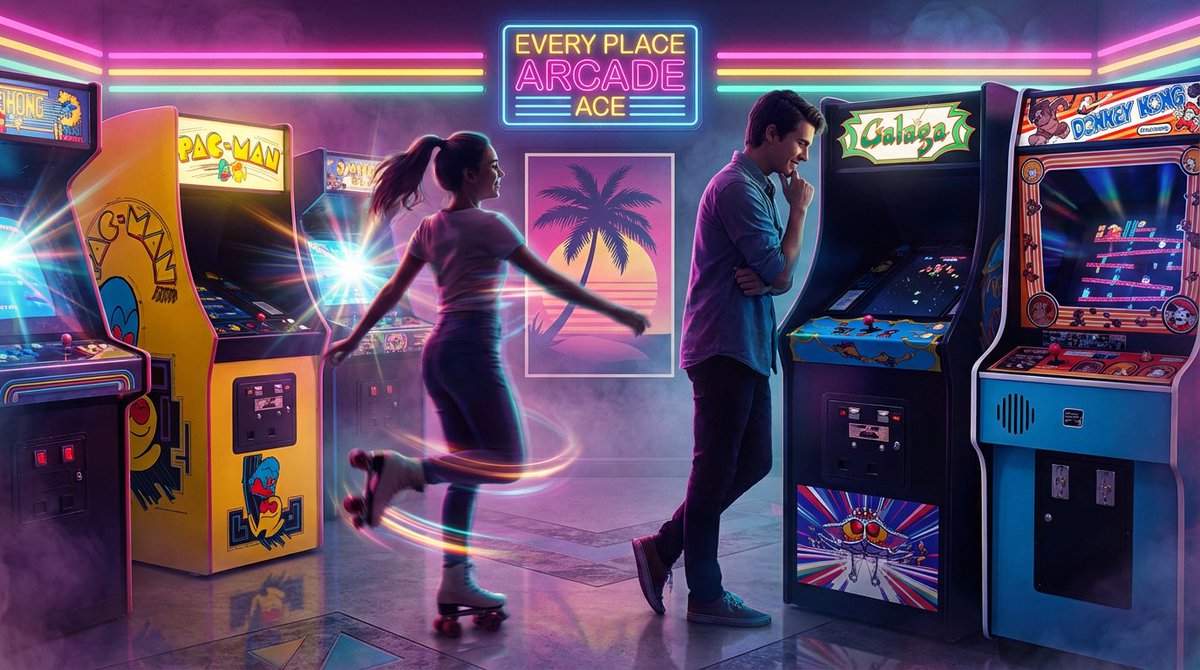 lopingwolfmusic's tweet photo. Remember those "King Quarter" days? We wrote "Every Place Arcade Ace" to bring back that feeling. Every shop had its game – *Galaga* at the Chinese spot, *Frogger* at the pharmacy. It was all about high score fame. Listen to some uncomplicated fun: https://t.co/x0LopVQEEJ https://t.co/oUJLRtscIE