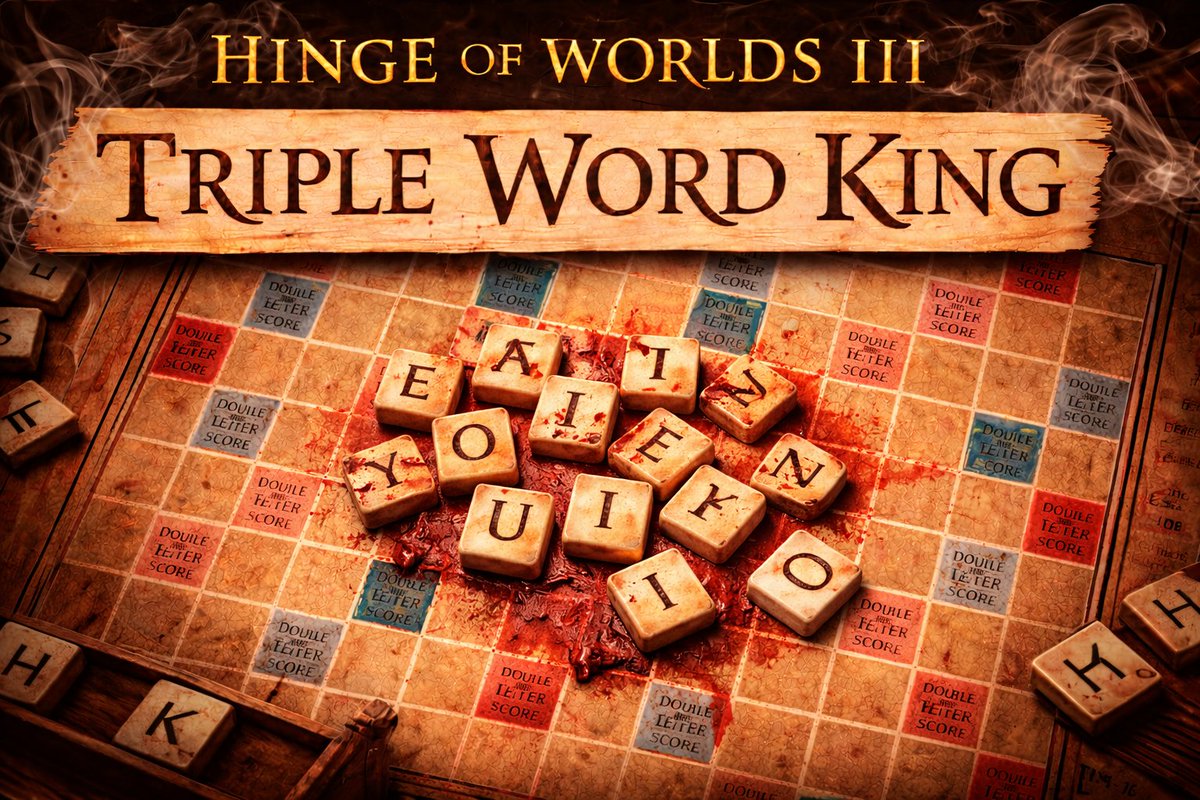TUKxENIGMA's tweet photo. HINGE OF WORLDS III: TRIPLE WORD KING

Even with nothing but vowels… 
he learned how to spell YOUR END.

READ HERE: [https://t.co/3uzSBS9eJt]

#Synergy486 #UGWC