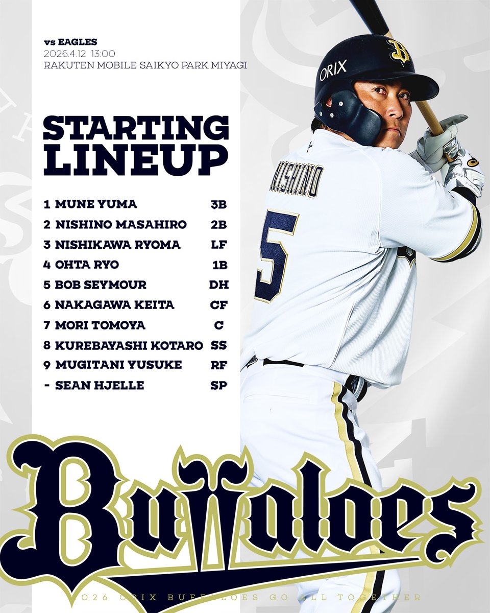 Orix_Buffaloes's tweet photo. 本日のスタメンはこちら！
13時00分よりプレイボール！
#Bs2026 https://t.co/bRPNjThYNe