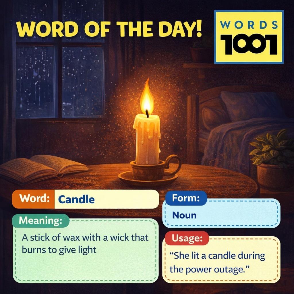 IndiaSpelling's tweet image. Candle (noun)
2025 power backups and festivals saw over 450 million candles lit across India!
“She lit a candle during the power outage.”
#Candle #Light #Festival
🌟 More words? Watch playlist: zurl.co/VAjEl?utm_sour…