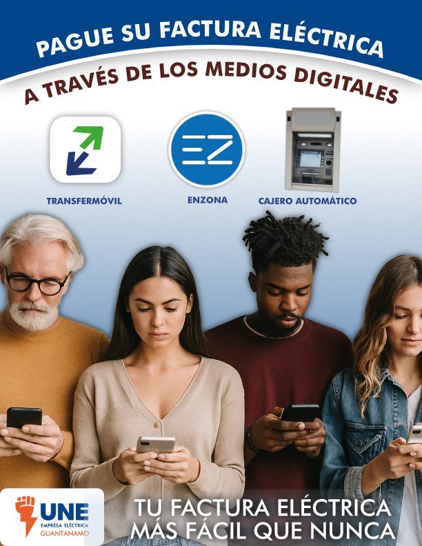 Pague su factura eléctrica por cualquiera via disponible  ,aproveche las ventajas que les ofrecen las plataformas digitales: rapidez , facilidad y seguridad #PagueDesdeCasa
#HazloFacil
#TransformaciónDigital 
#Transfermóvil 
#Enzona