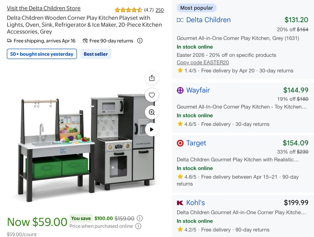 GlitchedDeals's tweet image. $100 OFF DELTA KIDS KITCHEN PLAYSET

This wooden kitchen playset with lights is now $59 at Walmart

Retails for $159 and is going for over $130 at the official Delta Children website 

Includes 20-kitchen accessories and free shipping

mavely.app.link/Ccsajx0Dg2b #ad