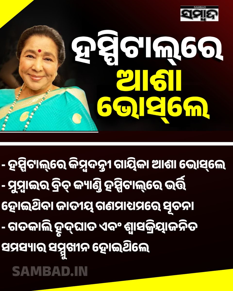 sambad_odisha's tweet image. #ହସ୍ପିଟାଲ୍‌ରେ_ଆଶା_ଭୋସ୍‌ଲେ
ଅସୁସ୍ଥ ହୋଇ ମୁମ୍ବାଇର ବ୍ରିଚ୍ କ୍ୟାଣ୍ଡି ହସ୍ପିଟାଲ୍‌ରେ ଭର୍ତ୍ତି ହୋଇଛନ୍ତି କିମ୍ବଦନ୍ତୀ ଗାୟିକା ଆଶା ଭୋସ୍‌ଲେ । 
#Sambad #LegendarysingerAshaBhosle #BreachCandyHospital #AshaBhosleHospitalised