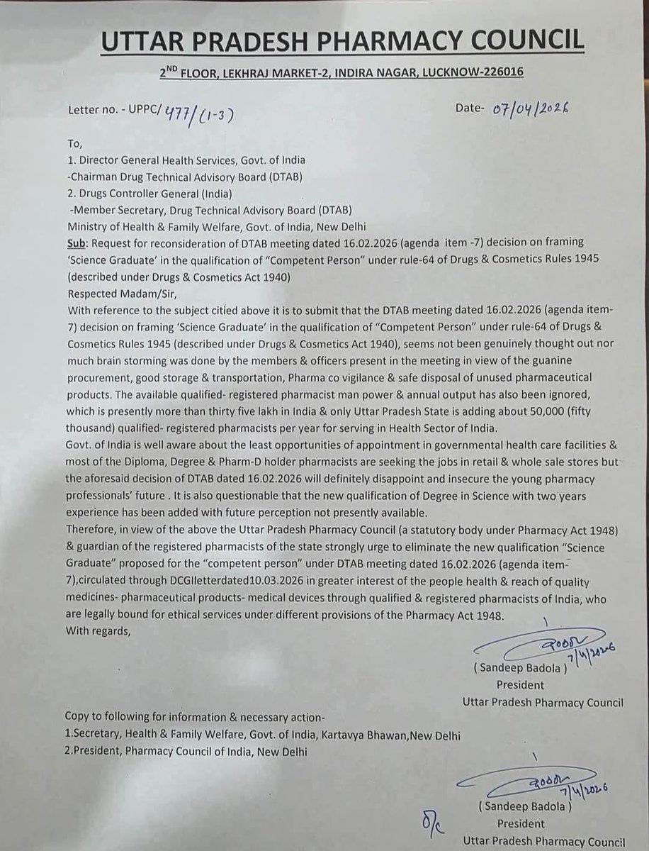 TPhWpharmacy's tweet photo. "सावधान फार्मासिस्टों! ⚠️ हमारे भविष्य के साथ खिलवाड़ बर्दाश्त नहीं! #UPPC का #DTAB को कड़ा पत्र।"
35 लाख फार्मासिस्टों के होते हुए 'Science Graduate' को मौका क्यों? अपनी डिग्री और गरिमा को बचाने के लिए इस मुहिम से जुड़ें। https://t.co/BkVSPxiv73