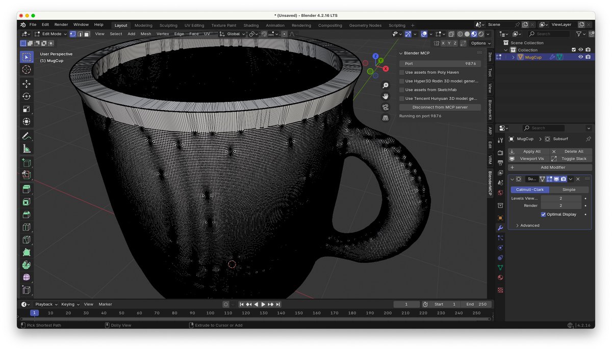 studiopinehead's tweet photo. BlenderMCPを使用して、Claudeと連携した3Dモデリングの投稿が目についたので、早速試してみました。
「白い陶器製マグカップを作成して、取っ手と本体を接続して綺麗にリメッシュして」と指示したところ、添付の二通りの結果、取っ手と本体の接続がClaudeくんには難しかった模様です。 https://t.co/t79KdpDHAh