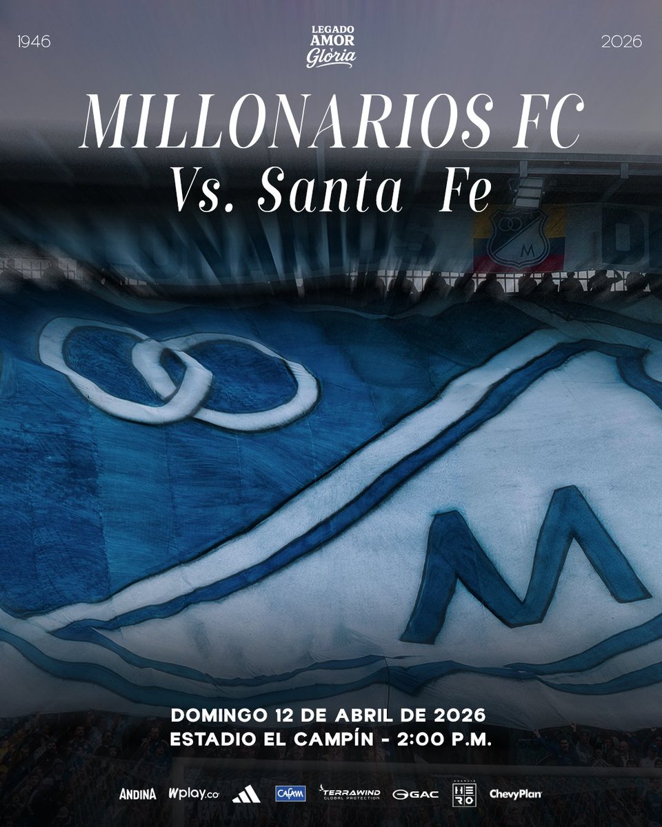 sebastiansport0's tweet image. 🔜 Próximo partido
🏆 Liga 2026 - I
⚽ Fecha 16
🆚 Santa Fe 
📆 Domingo 12 de Abril 
⏱️ 2:00 p.m.
🏟 Estadio El Campín 

¡VAMOS MILLONARIOS! 🔥Ⓜ️⚽️

📷 @MillosFCoficial 

#Proximopartido #Encasa #Fecha16 #Ligabetplaydimayor #Wplay #Betplay #Millonarios #Hinchada