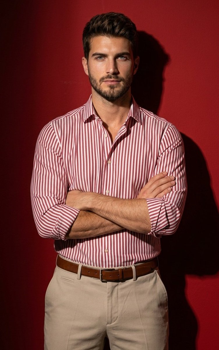 RizwanAly07's tweet image. Created with google nano banana 2 on @Lart_AI

lartai.com/generate?TG=97…
#LartAl #Futuristic #VFX #KlingAI 
Prompt ⬇️ 
Hyper-realistic fashion editorial portrait of a young adult male model, waist-up, standing confidently against a deep red studio wall. Red-and-white vertical