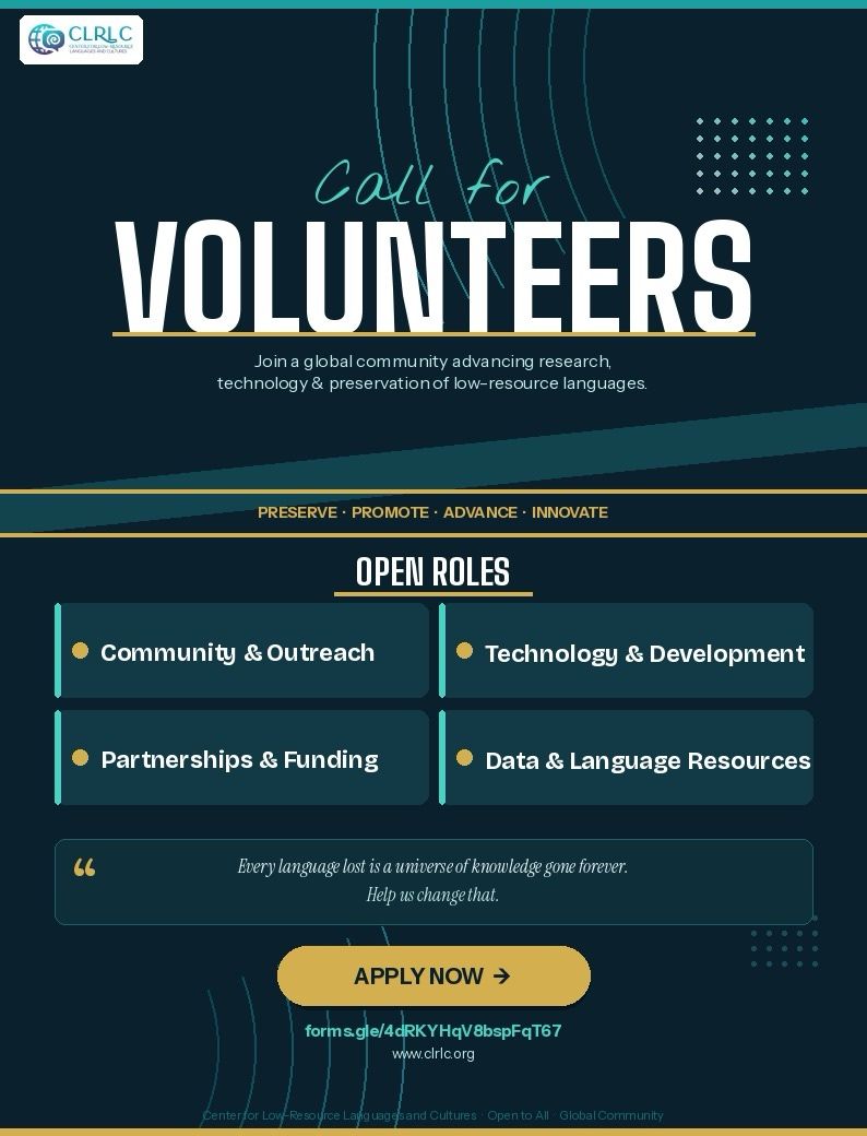 clrlc_org's tweet photo. 📣 Call for Volunteers

We're looking for passionate people to join our team at CLRLC. If you would like to contribute your skills and be part of a growing community, we would love to hear from you.
Apply here: https://t.co/UJ08FxWTy3

#NLP #AI #CallForVolunteers #CommunityAI https://t.co/ClWihbAdJ7