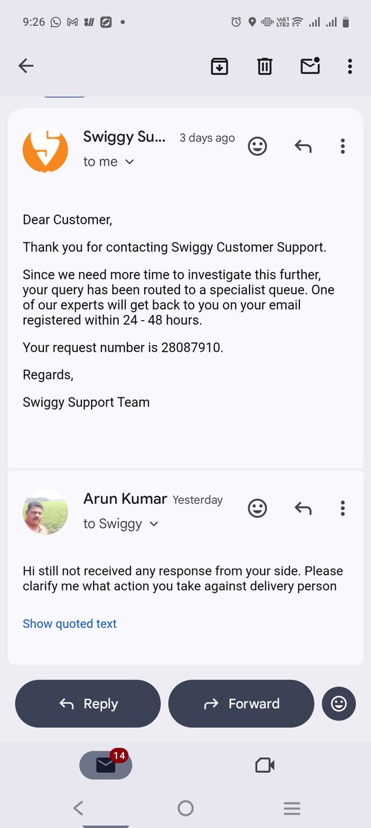 arunprkumar's tweet photo. @SwiggyCares @harshamjty I want to know which action you are taken against delivery person https://t.co/dHlKOTb9QM