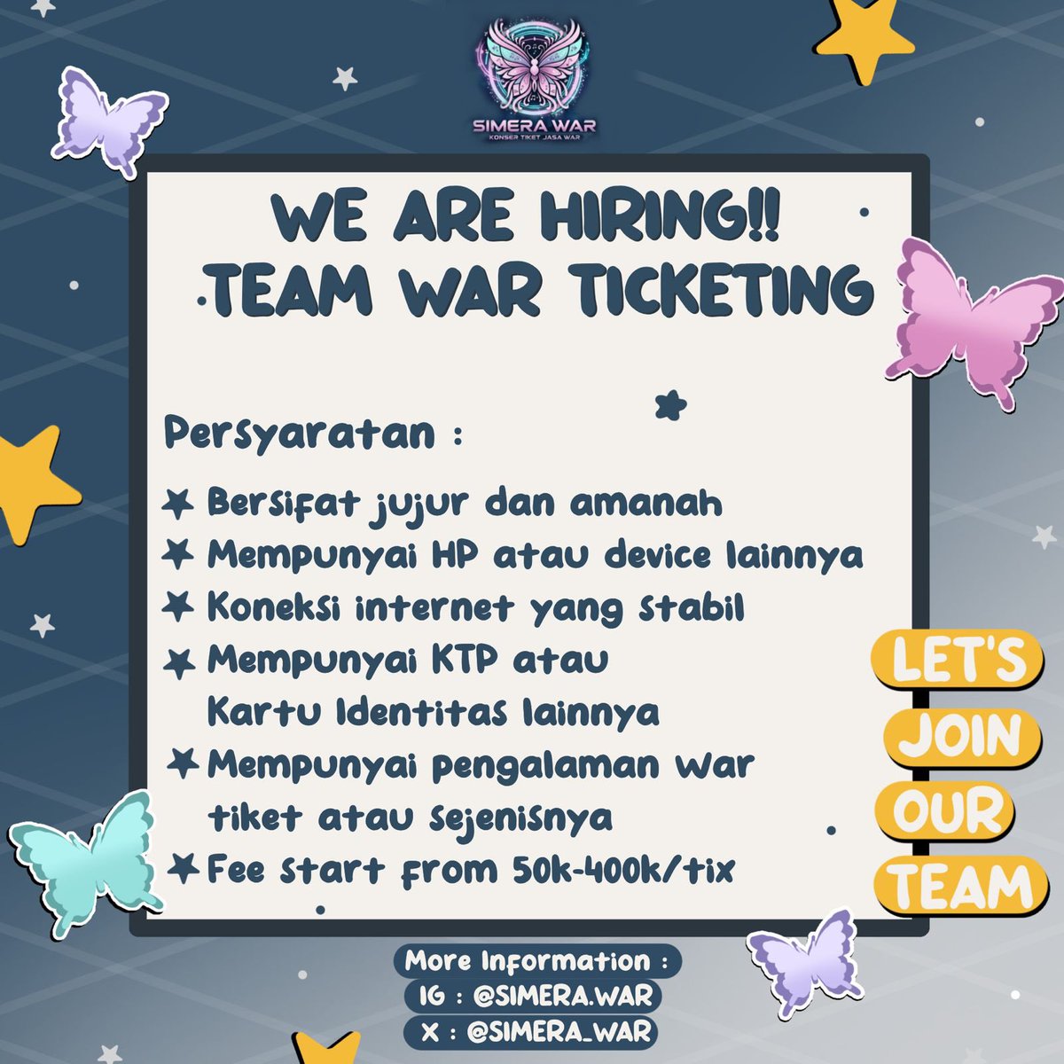 Simera_war's tweet image. haii gais kita lagi open hiring team war nih, fee start 50-400k/tix yaa diutamakan yang udah berpengalaman yukk yg berminat langsung gazz joinn🤗

bit.ly/OprecSimera

#zonauang #freelance #jaswar