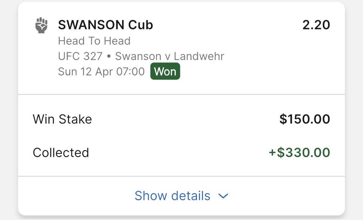 2u Carlos Ulberg (+110) ✅
0.5u Ulberg KO (+230) ✅
1.5u Josh Hokit (+120) ✅
1.25u Cub Swanson (+110) ✅

Losing day because of a nightmare prelims but makes it bearable with these last main card W’s