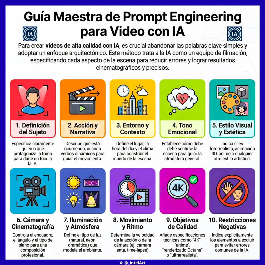 ¿Tus Videos creados con IA te salen Random, Caras raras y Movimientos falsos?.

He creado el Framework Definitivo de Prompt Engineering para Video (CON EJEMPLOS).

10 Bloques de Clip genérico a Calidad Cine.
Harás Prompts de Filmación Cinematográfica.
 🧵👇