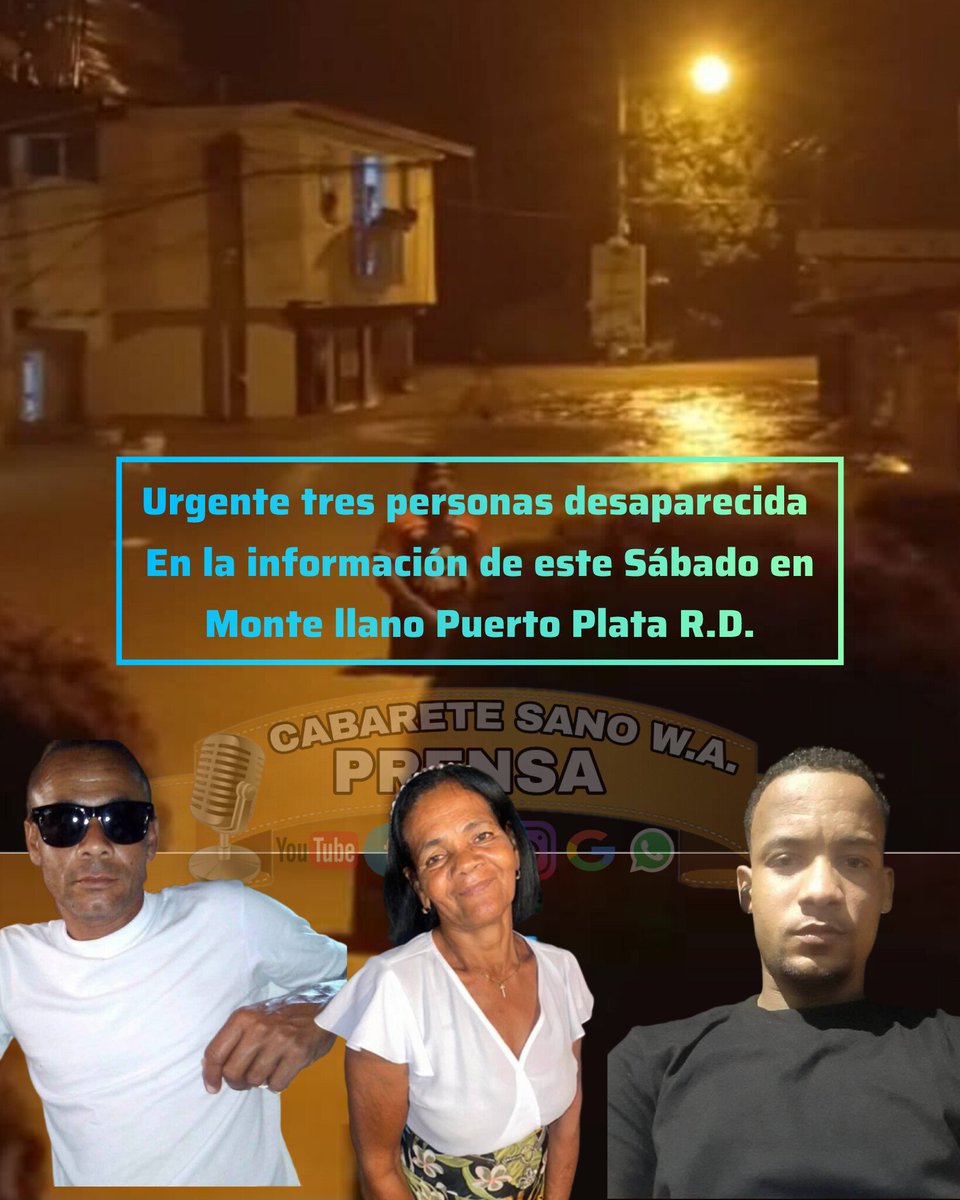 rd_sano's tweet photo. 🚨 DE ÚLTIMO MINUTO | URGENTE 🚨
Tres personas se encuentran desaparecidas la noche de este sábado en el municipio de Montellano, tras las fuertes inundaciones registradas en la zona.

Según informaciones ofrecidas por sus familiares, los desaparecidos https://t.co/BGSNlGDrvD