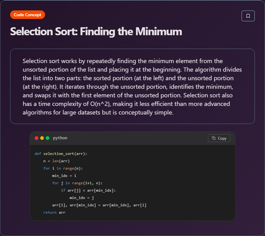 techielearnapp's tweet image. ✨ Selection Sort: Finding the Minimum (Data Structures And Algorithms)

#Algorithms #DataStructures #CodingInterview #ProblemSolving #100DaysOfCode #DevLife