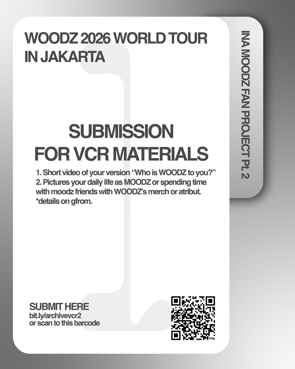 FAN PROJECT VCR MATERIALS
‼️URGENT‼️

Halo MOODZ!
Untuk kelengkapan materi VCR Fan Project WOODZ Archive 1 in Jakarta, kami membutuhkan bantuan dari teman-teman MOODZ.

Untuk detail dan ketentuannya dapat dilihat di form di bawah 👇
🔗 bit.ly/archivevcr2
Deadline 14 April