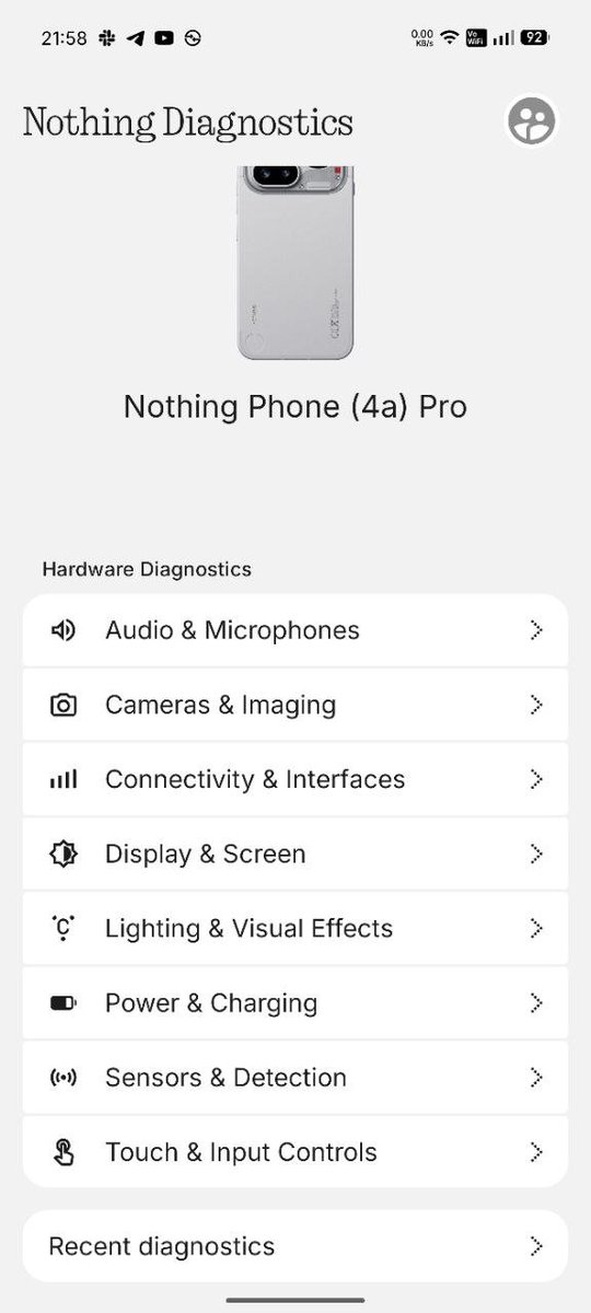 techiboy96's tweet photo. Diagnostics Tool on Nothing Phone is really useful 👀
You can check camera, speakers, display, sensors and more in one place.

Hidden feature in Nothing OS, just dial a code in Google Dialer to access it 

*#*#9#*#* https://t.co/3pgrb67nto