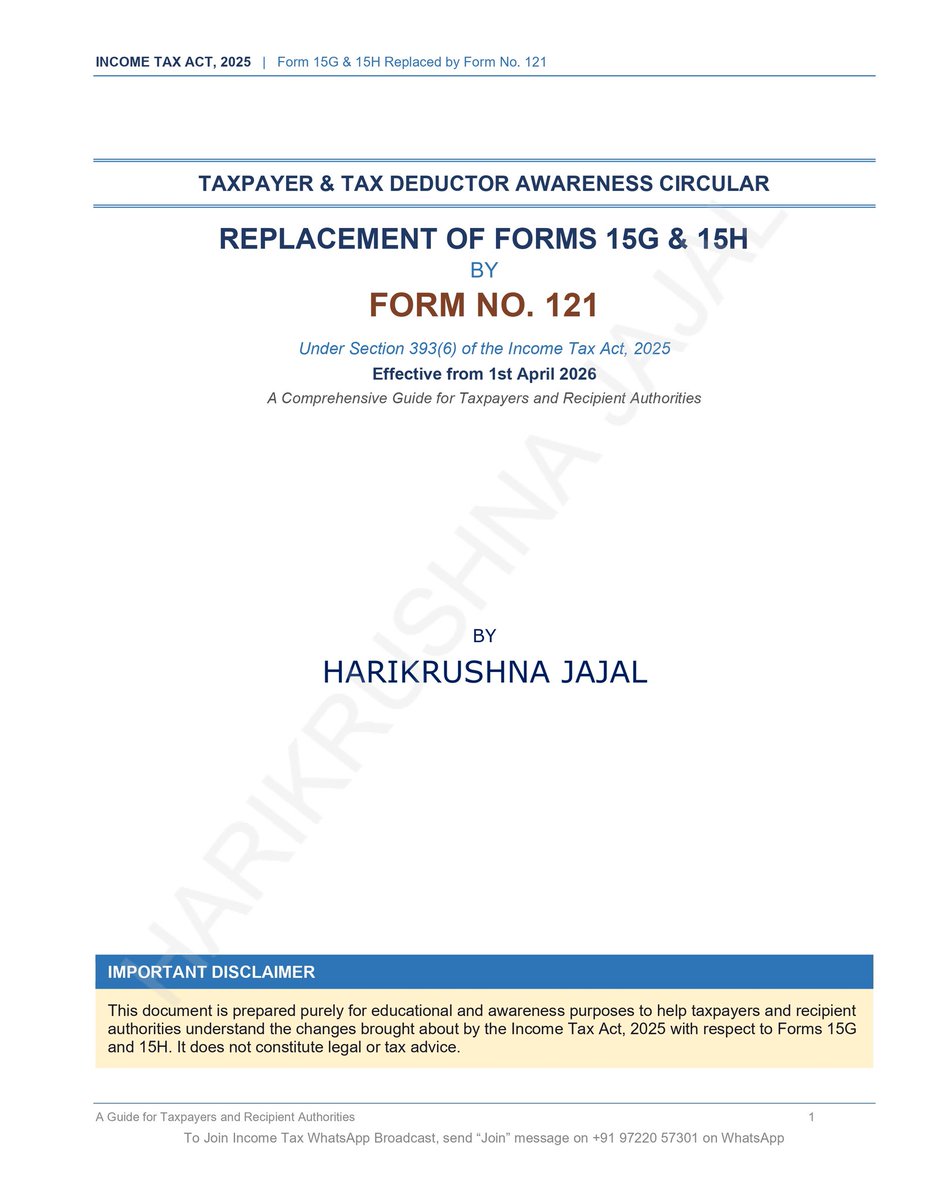 harijajal's tweet photo. I have prepared an awareness document for Tax payer and Tax deductor with regard to Form 121 (Old Form 15G and 15H) 

Steps to get the file:
1) Follow me
2) Comment Form 121
3) Check your DM

Thanks https://t.co/Vv7nhik5d1
