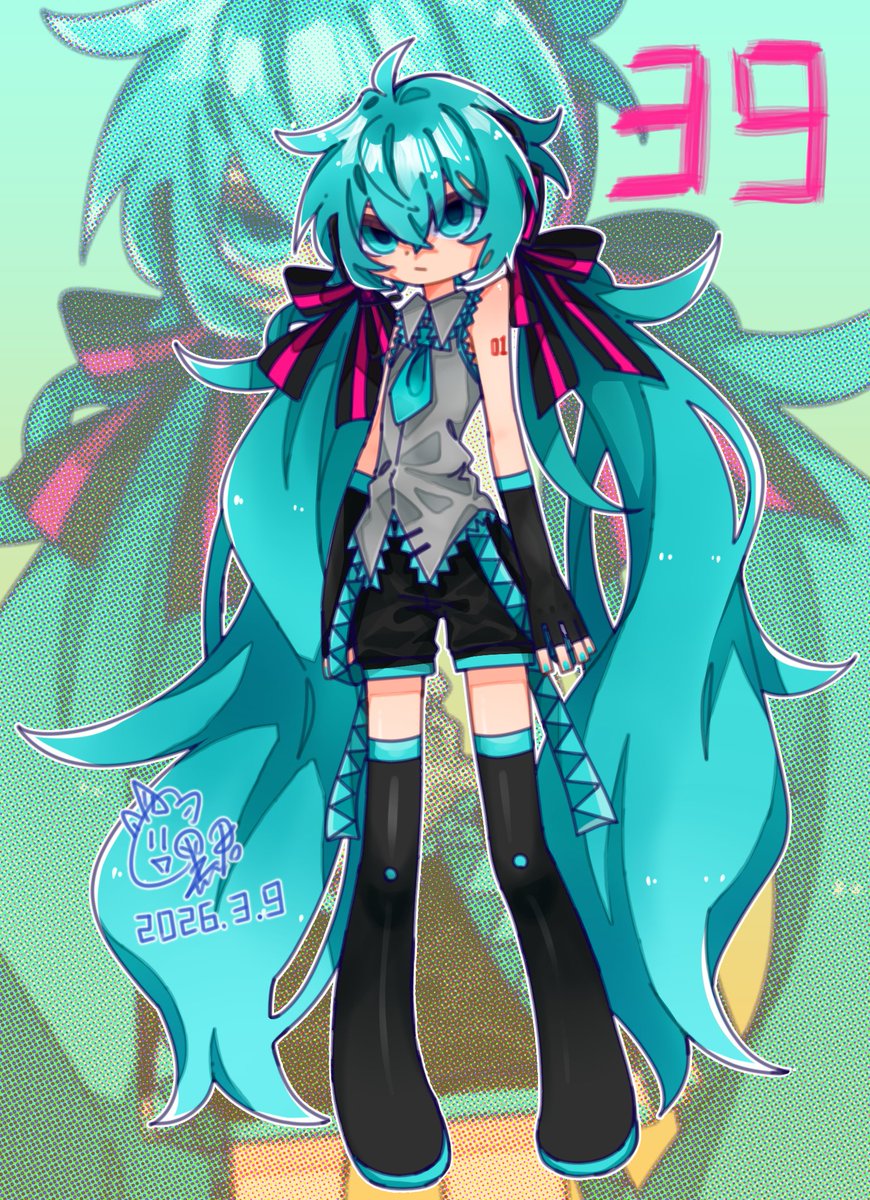 #初音ミク #ミクの日  #ミクの日2026 #HatsuneMiku
忘了发，是今年39日贺图，整体在miku V2立绘上改动了有点服饰，以及我真的很喜欢画miku低马尾的样子www