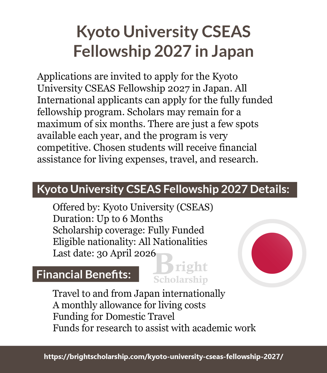 BrightSship's tweet image. Kyoto University CSEAS Fellowship 2027 in Japan (Fully Funded)

Duration: Up to 6 Months
Eligible nationality: All Nationalities
Award country: Japan
Last date: 30 April 2026

Apply Link: brightscholarship.com/kyoto-universi…

#BrightScholarship #FullyFunded #Fellowship #Japan #Students