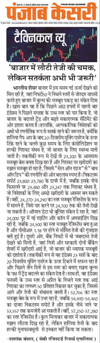 tradePathshala's tweet photo. 🖋 Article written by Shashank Bansal 
📍 Published in: Punjab Kesari (All India Edition,05th Apr 2026) 
📈 Language: Hindi.
Article:*बाजार में लौटी तेजी की चमक, लेकिन सतर्कता अभी भी जरूरी*

— शशांक बंसल (SEBI रजिस्टर्ड रिसर्च एनालिस्ट - INH000010715) https://t.co/2nJQ8GuyxE